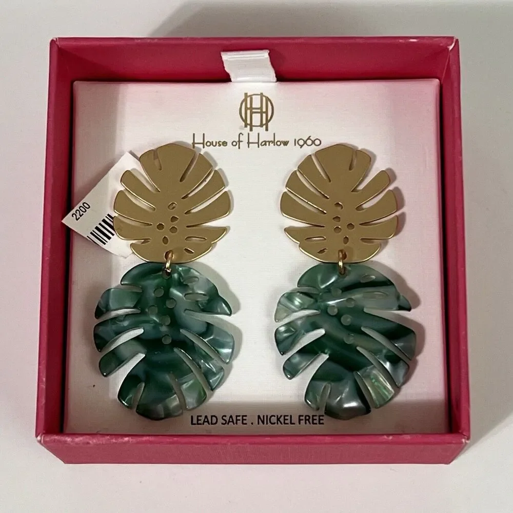 Monstera Leaf Dangling Earrings Green Gold Nickel Free Tropical Plant Palm NIB - Picture 9 of 12